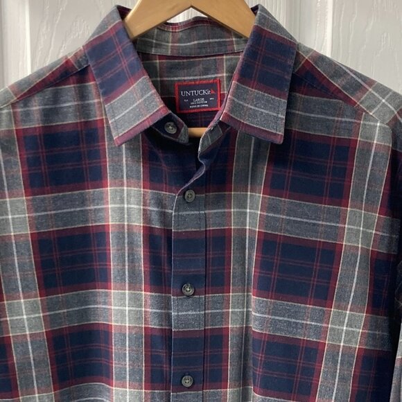 UNTUCKit Red Blue Gray Plaid Cotton Long Sleeve Button Down Shirt Size Large - Picture 2 of 6
